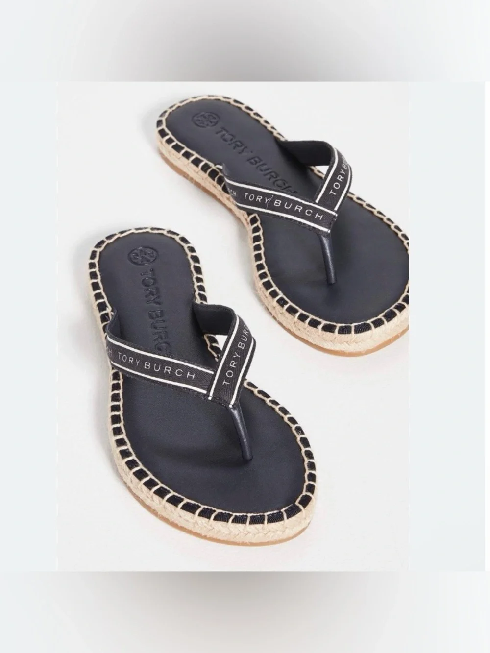 NWOT Tory Burch Black Logo Espadrille Thong Sandals Size 6